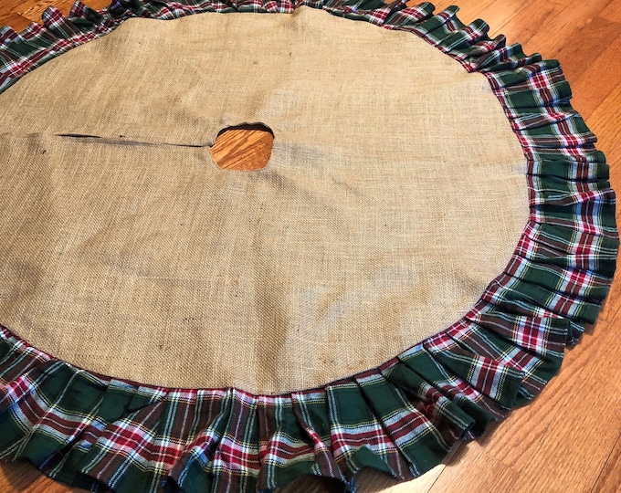 54" Natural Burlap Christmas Tree Skirt with Green Tartan Plaid Ruffle- Rustic/Cabin/Lodge Decor-Christmas Plaid- Flannel