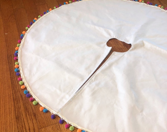 White Duck Canvas Pom Pom Tree Skirt-Multi-Colored Pom-Poms- Colorful- Kids Tree-diy Handprints