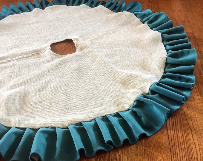 Off-White Burlap Christmas Tree Skirt With Teal Velvet Ruffle-Farmhouse Style- Modern Rustic-White and Blue-Large Tree Skirt