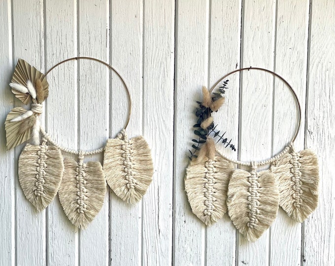 Bridesmaid Macrame Hoop with Dried Bunny Grass- Eucalyptus or Natural Palm Spears- TWO DESIGNS Available-Bouquet Alternative-Boho/Hippie