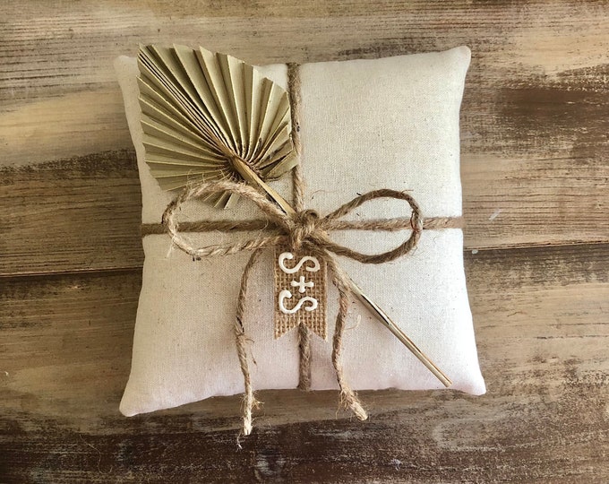 Natural Cotton Ring Bearer Pillow with Natural Palm Spear- Jute Twine and Personalized Burlap Tag- Boho Wedding-Natural Wedding