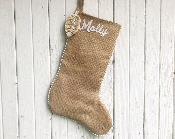 Natural Burlap Christmas Stocking with Miniature Pom Pom Trim Detail & Macrame Feather- Personalize-Custom Name Applique-Bohemian/Minimalist