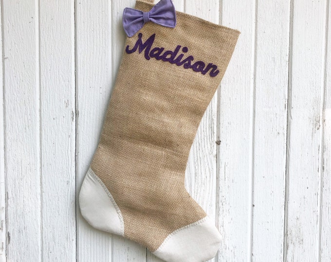 Natural Burlap Christmas Stocking with Bow & Patch Detail-Personalize- Cursive Name-Many Colors Available-Baby Girl-Baby Boy-Kids-ShabbyChic