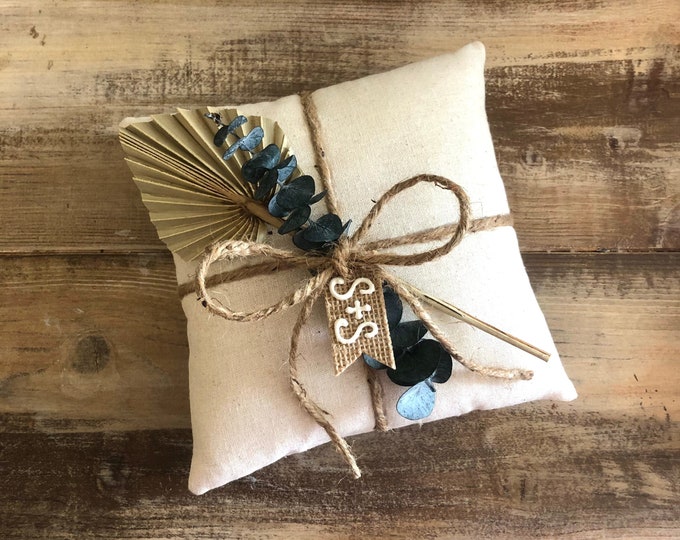 Natural Cotton Ring Bearer Pillow with Natural Palm Spear & Preserved Baby Eucalyptus- Jute Twine and Personalized Burlap Tag- Boho