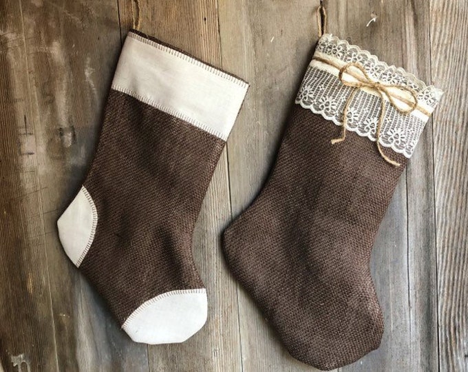 His & Hers-Set of 2 Stockings-Chocolate Brown Burlap w/ Lace and Chocolate Brown Burlap w/ Cream Patches-Christmas Stocking-Personalize
