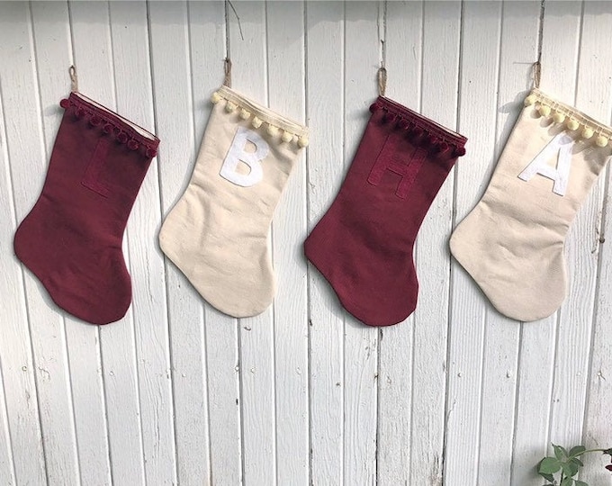 Duck Canvas Pom Pom Christmas Stocking -Burgundy or Natural- Velvet Pom Poms-Personalization Included-Boho Decor-Rustic-Minimalist-Chic