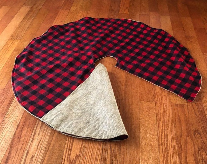 40" Buffalo Plaid & Natural Burlap Tree Skirt- Red/Black Check-Cotton Flannel-Christmas-Woodland-Cabin/Farmhouse Decor