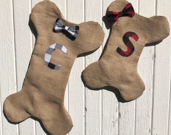 Buffalo Plaid Burlap Dog Bone Christmas Stocking With Bow/Bow Tie-Red/Black & Black/White Buffalo Check- Personalize With Letter