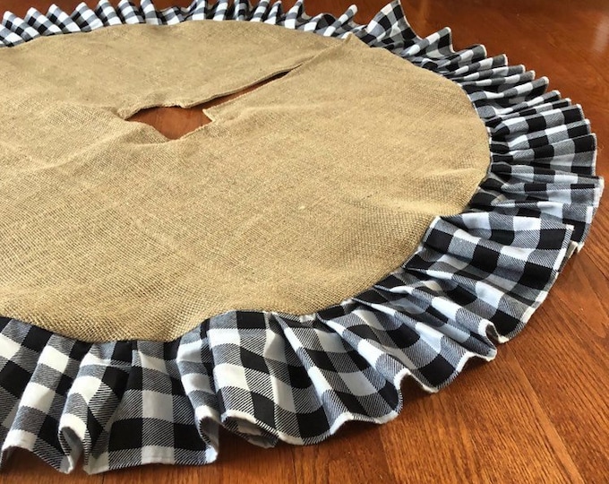 54" Natural Burlap Christmas Tree Skirt w/ Buffalo Plaid Ruffle- Black/White Buffalo Check- Rustic/Cabin/Lodge Decor-Rustic Chic-Farmhouse