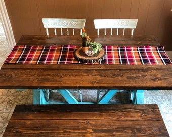 Plaid & Natural Burlap Table Runner-  Burgundy, Rust, Black, Orange and White- Thanksgiving-Fall-Harvest-Farmhouse-Cabin-Reversible