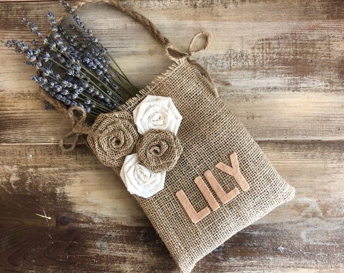 Burlap Flower Girl Bag With Cream/Natural Rosettes & Name-Personalize-Add Your Initials in Custom Colors-Weddings-Rustic