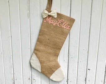 Natural Burlap Christmas Stocking with Bow & Patch Detail-Personalize- Cursive Name-Many Colors Available-Baby Girl-Baby Boy-Kids-ShabbyChic