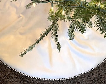 Velvet Christmas Tree Skirt with Miniature Pom Pom Trim Detail-Three Sizes-Choose Your Color-Alabaster-Off white/Teal/Purple/Red/Gray/Orange