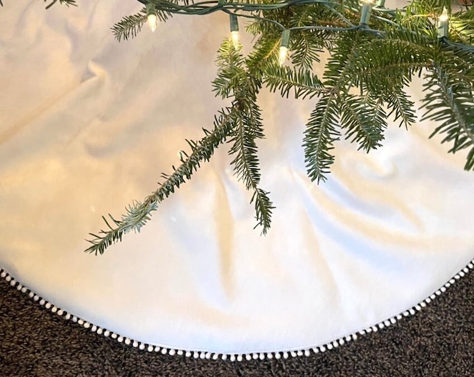 Velvet Christmas Tree Skirt with Miniature Pom Pom Trim Detail-Three Sizes-Choose Your Color-Alabaster-Off white/Teal/Purple/Red/Gray/Orange