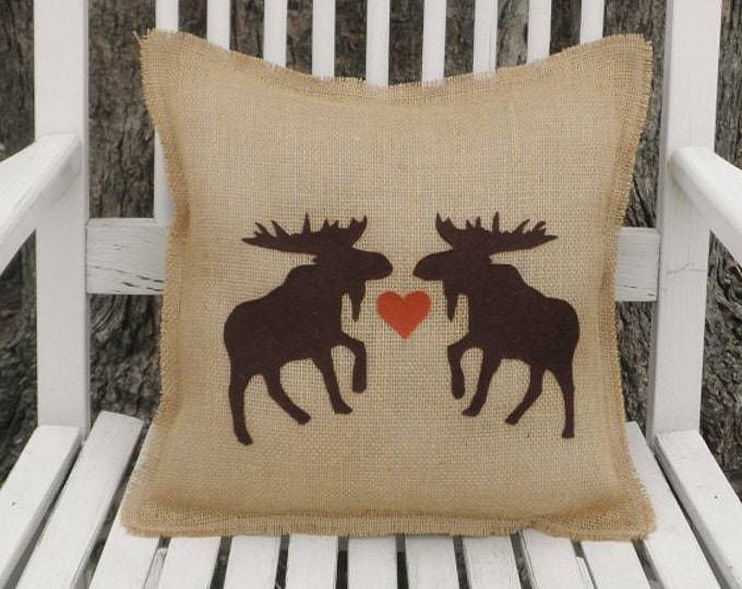 14"x14" Moose Love Natural Burlap Fringe Pillow-Folk/Americana/Country/Rustic-Wildlife-Moose Lovers-Cabin Home Decor