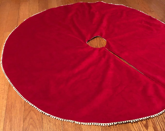 Velvet Christmas Tree Skirt with Miniature Pom Pom Trim Detail-Three Sizes-Choose Your Color-Red-Teal-Desert Orange-Gray-Purple-Boho/Modern