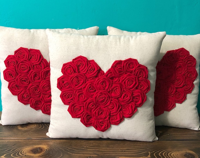 13" x 13" Natural Cotton Rosette Heart Pillow- Cotton Rosettes- Many Colors Available- Customize- Valentines Day- Love Pillow- Shabby Chic