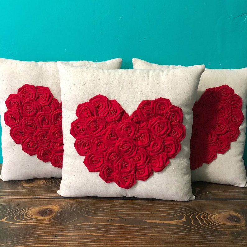 13 x 13 Natural Cotton Rosette Heart Pillow Cotton Rosettes Many Colors Available Customize Valentines Day Love Pillow Shabby Chic image 1