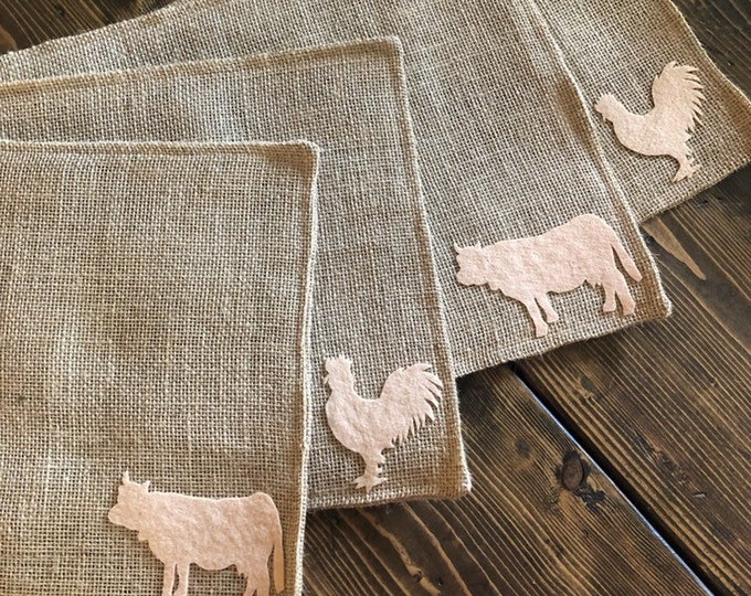 Set of 2- Farm Animal Themed Natural Burlap Placemats-Double Sided- Pig-Cow-Horse-Rooster-Goose-Lamb-Rustic/Country/Folk Decor-Custom Colors