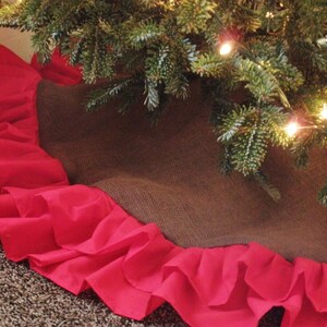 58 Double Ruffle Burlap Tree Skirt-Chocolate Brown Burlap w/ Red Ruffles-Christmas-Country/Folk/Rustic Other Colors Avail. image 2