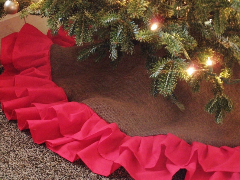 58 Double Ruffle Burlap Tree Skirt-Chocolate Brown Burlap w/ Red Ruffles-Christmas-Country/Folk/Rustic Other Colors Avail. image 2