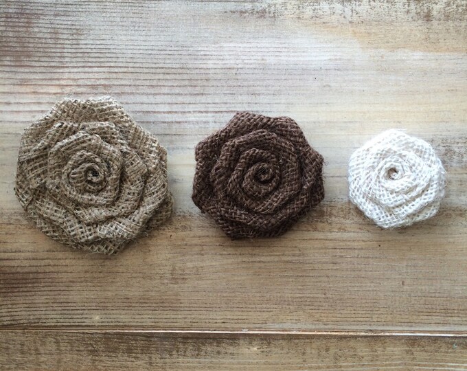 Set of 10- Burlap Rosettes-2.5" Medium- 3 Colors Available- Weddings/ Country/ Folk/ Rustic-Fabric Flowers-Fabric Rosettes-DIY-Americana