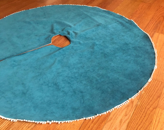 Velvet Christmas Tree Skirt with Miniature Pom Pom Trim Detail-Three Sizes-Choose Your Color-Teal/Purple/Red/Gray/Orange-Boho-Modern