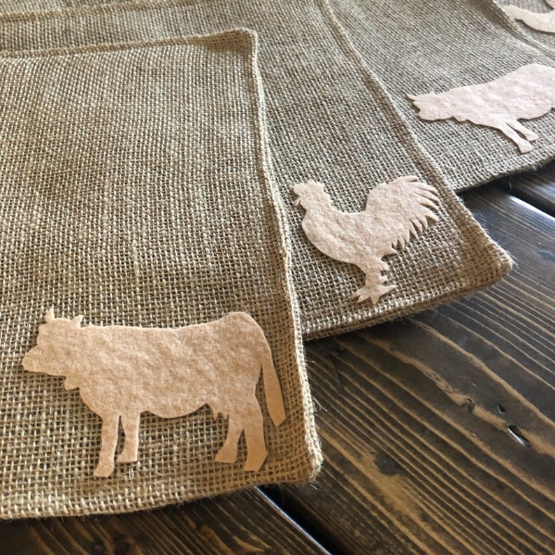 Set of 6 Farm Animal Themed Natural Burlap Placemats-Double Sided Pig-Cow-Horse-Rooster-Goose-Lamb-Rustic/Country/Folk Decor-Custom Colors image 2