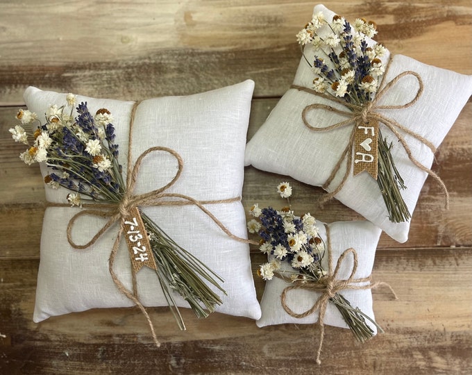 Organic White Linen Ring Bearer Pillow with Dried Lavender & Ammobium- Jute Twine and Personalized Burlap Tag- Dried Bouquet-Mini Daisies
