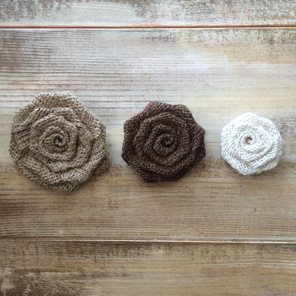 Set of 50- Burlap Rosettes-1.5" Small- 3 Colors Available- Weddings/ Country/ Folk/ Rustic-Fabric Flowers-Fabric Rosettes-Americana