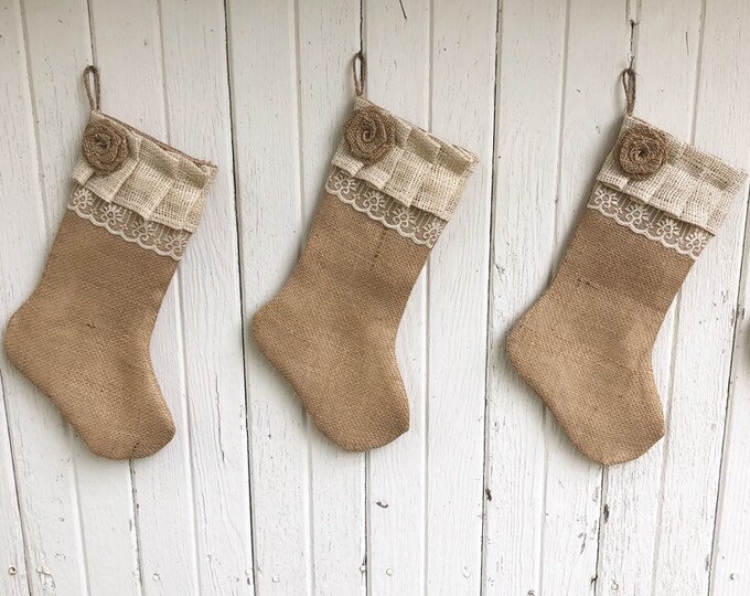 Burlap and Lace Christmas Stocking-Personalize With a Name-Shabby Chic-Natural/Folk/Country/Rustic-CUSTOM Color Combinations Available