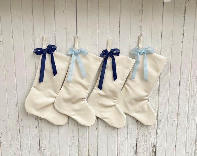 White Velvet Christmas Stocking with Velvet Ribbon Bow- Custom Bow Colors Available- Modern & Minimalist Family Stockings