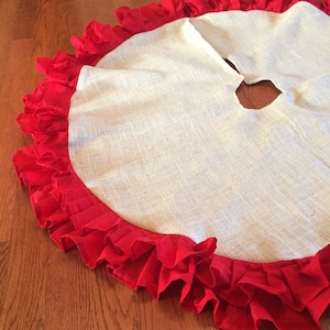 51" Double Ruffle Burlap Christmas Tree Skirt-Off White Burlap & Red Cotton Ruffles-Country/Folk/Rustic-Other Colors Available