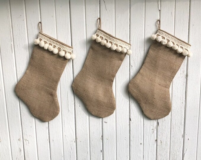 Natural Burlap Pom Pom Christmas Stocking -Personalized-Boho Decor-Rustic-Minimalist-Chic