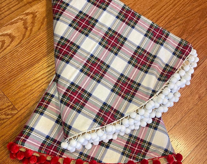 42" Plaid Flannel & Natural Burlap Tree Skirt with Pom Pom Trim- White, Green and Red Cotton Flannel- Rustic Farmhouse Holiday Decor
