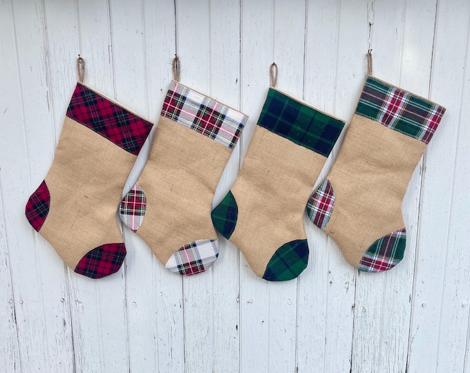 Ready to Ship- Plaid & Natural Burlap Christmas Stocking- Choose Your Favorite Style- 4 Colors Available- Rustic Holiday Decor- Farmhouse