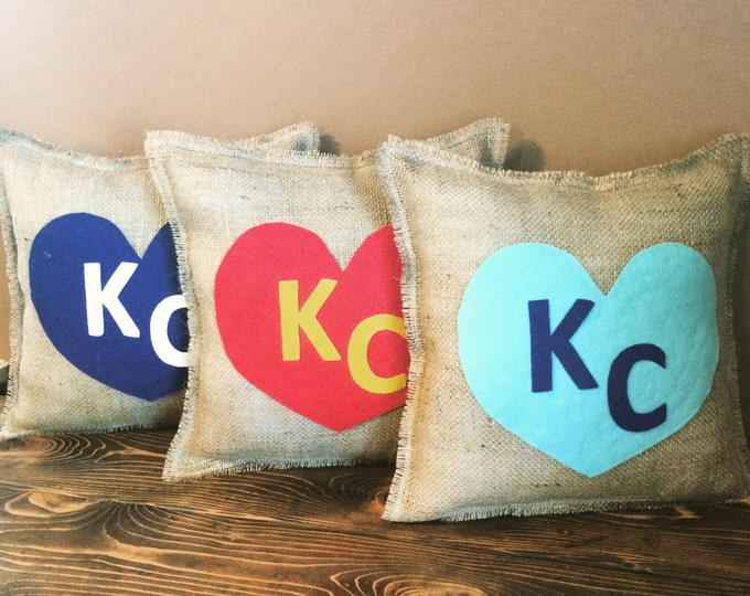 KC Love-13" x 13" Burlap Pillow-Create Your Own Color Combo-24 Colors Avail.-Royals/Chiefs/Kansas City/Missouri/Kansas
