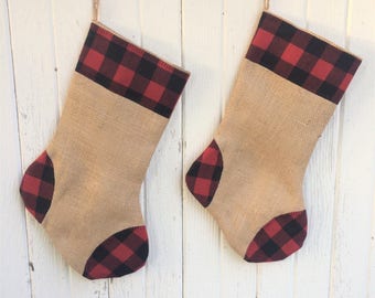 Buffalo Plaid & Burlap Christmas Stocking- Red and Black Buffalo Check- Natural Burlap-Cotton Flannel- Rustic-Cabin-Woodland-Holiday Decor