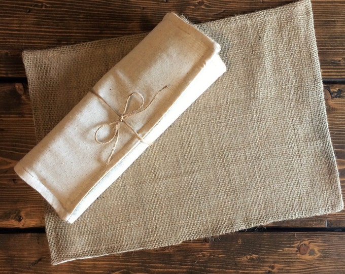 Set of 6-Burlap Placemats With Natural Cotton Fabric Lining- Double Sided/Reversible-Minimalist-Rustic-Country-Farmhouse-Cabin-Chic