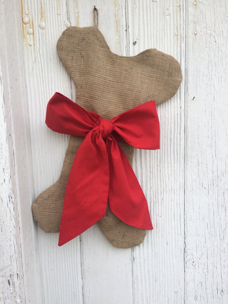 Burlap Dog Bone Christmas Stockings With Bow For Her-PuppyDog Stocking-Choose Your Colors-RusticShabby ChicNatural-Red and Green