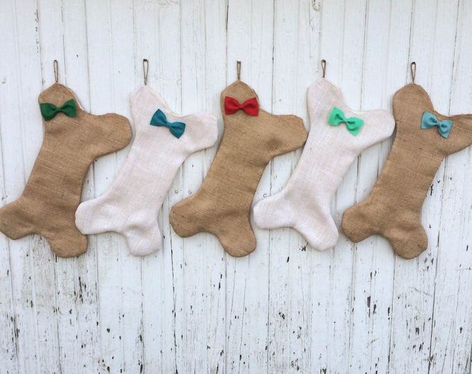 Burlap Dog Bone Christmas Stocking With Bow/Bow Tie- Puppy/Dog Stocking-Personalize With Letter/Custom Colors-Rustic/Shabby Chic//Natural