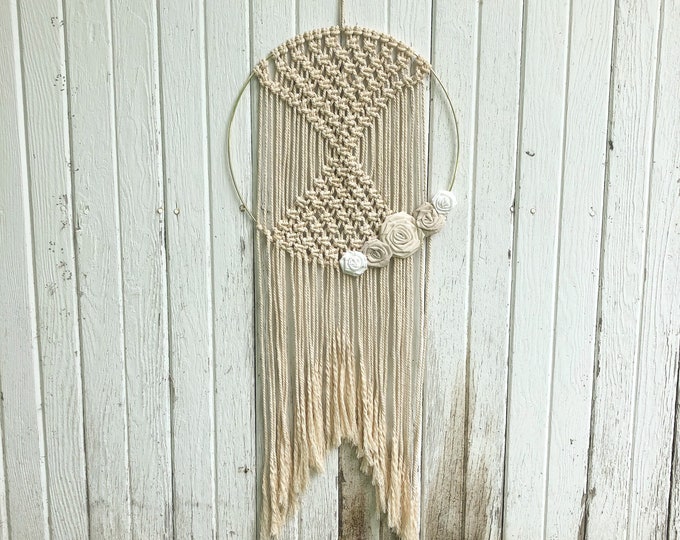 Macrame Hoop Wall Decor- Natural Cotton Cord & Gold Hoop With Cotton Rosettes-Boho Home Decor-Nursery/Office/Bedroom Decor-Bohemian Style