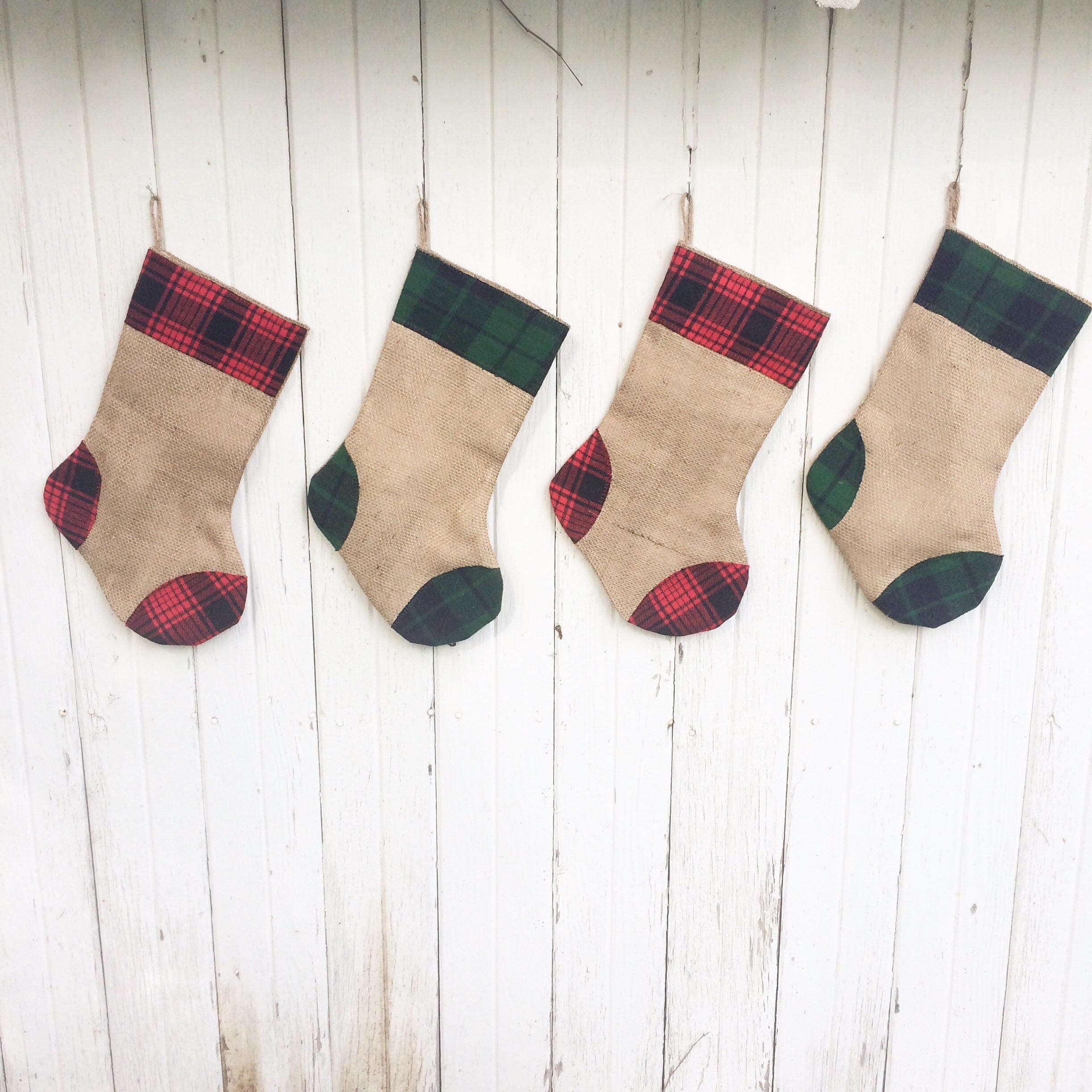 Plaid Flannel Burlap Christmas Stocking Red And Green Plaid