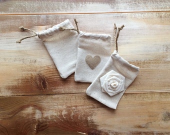 Set of 12-Natural Cotton Favor Bags-Cinch With Jute Twine-3 Designs & 2 Sizes Available-Weddings/Party/Reception-Natural/Rustic/Woodsy