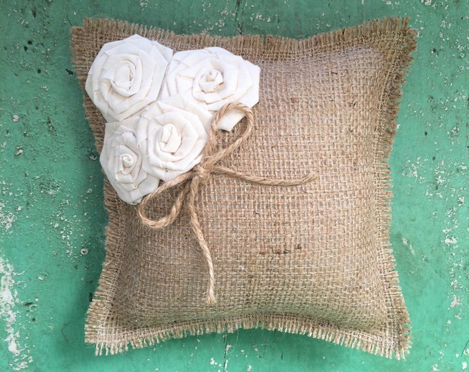 8" x 8" Natural Burlap Ring Bearer Pillow with Off-White Cotton Rosettes/Jute Twine Detail- CUSTOM COLORS Available-Barn Wedding/Rustic