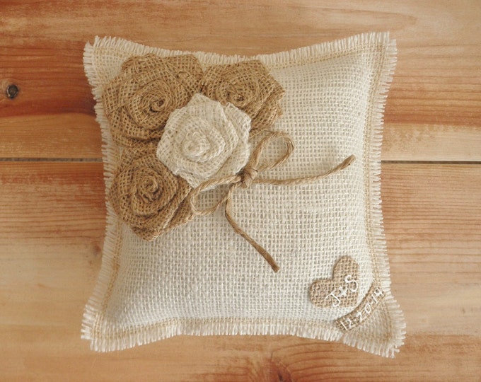 8" x 8"  Off-White Burlap Ring Bearer Pillow w/ Jute Twine and Rosettes-Personalize w/ Initials + Date- Rustic/Country/Shabby Chic/Wedding