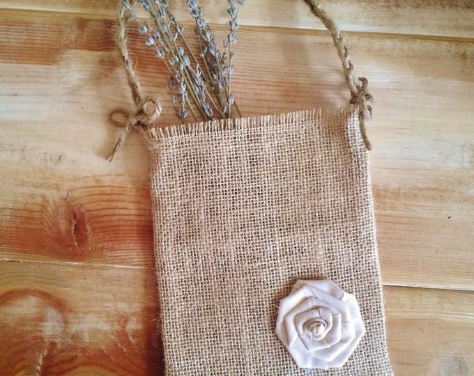 Burlap Flower Girl Bag w/ Cream Muslin Rosette and Jute Twine Handle - Choose Your Color- Country/Barn/Beach/Shabby Chic/Rustic/Folk/Wedding