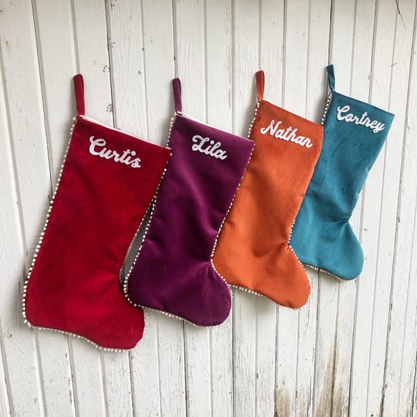 Velvet Christmas Stockings with Mini Pom Pom Edging Detail- Choose Your Color- Orange/Teal/Red/Gray/Pink/Purple-Personalize-Custom-Bohemian