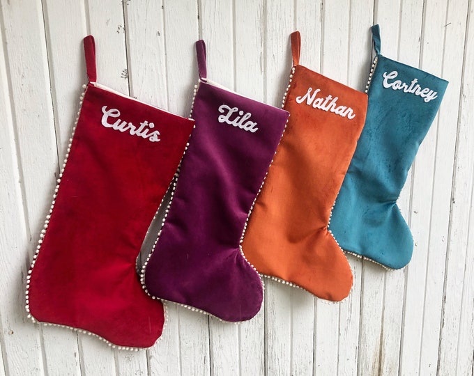 Velvet Christmas Stockings with Mini Pom Pom Edging Detail- Choose Your Color- Orange/Teal/Red/Gray/Pink/Purple-Personalize-Custom-Bohemian