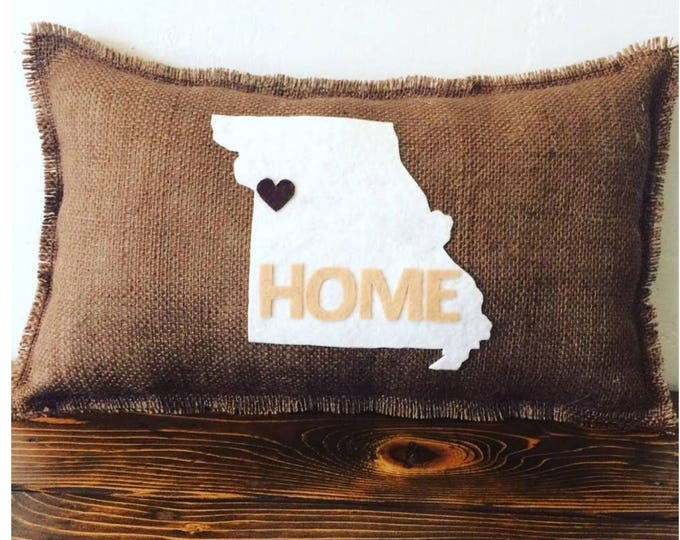Missouri Home Pillow-11" x 18" Natural Burlap Pillow-Create Your Own Color Combo-24 Colors Available-Rustic/Shabby Chic-State